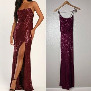 Evenings of Elegance Burgundy Sequin Lace-Up Maxi Dress